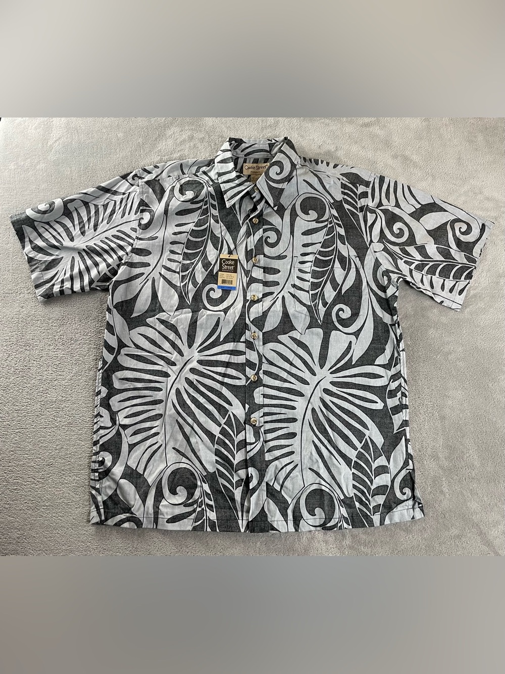 Cooke Street Honolulu Mens Large Black Gray Tribal Palms Cotton Aloha Shirt New
